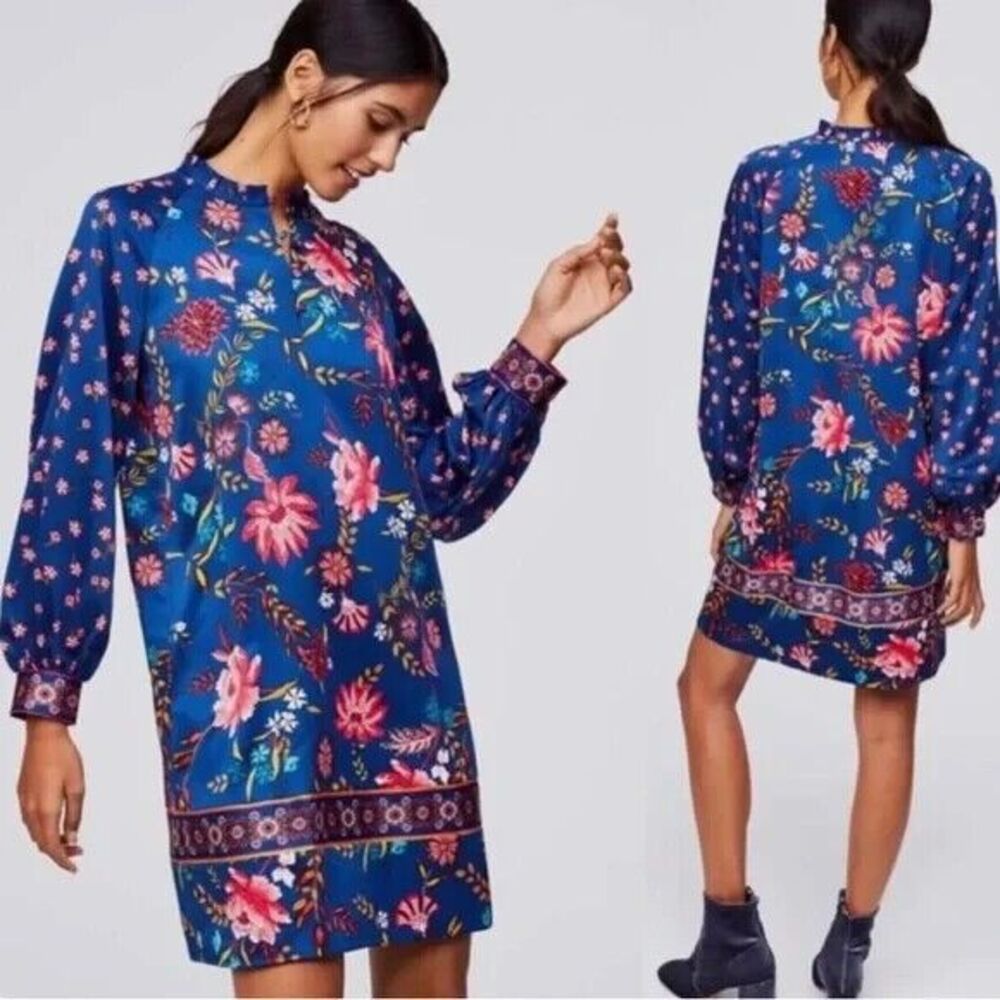 LOFT Petites Blue Wild Flower Print Long Sleeve Shift Dress Size SP Officecore